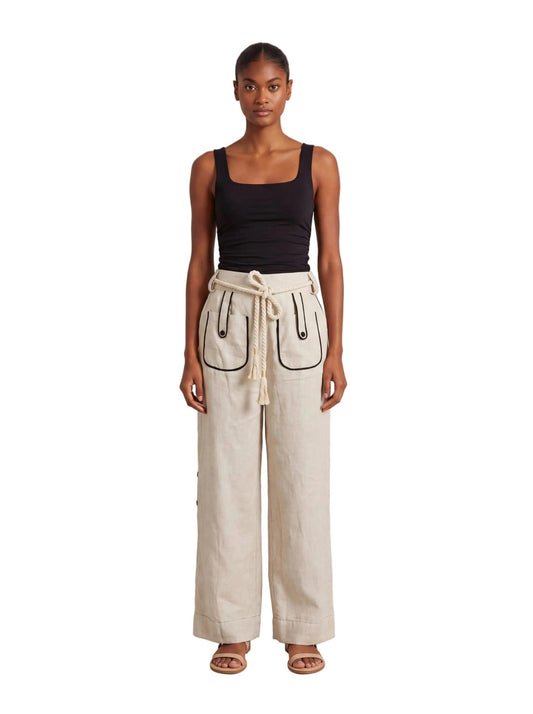 Aether Linen Trouser, beige and black wide-leg pure linen trouser with hand-braided cotton rope belt and contrast piping – main image