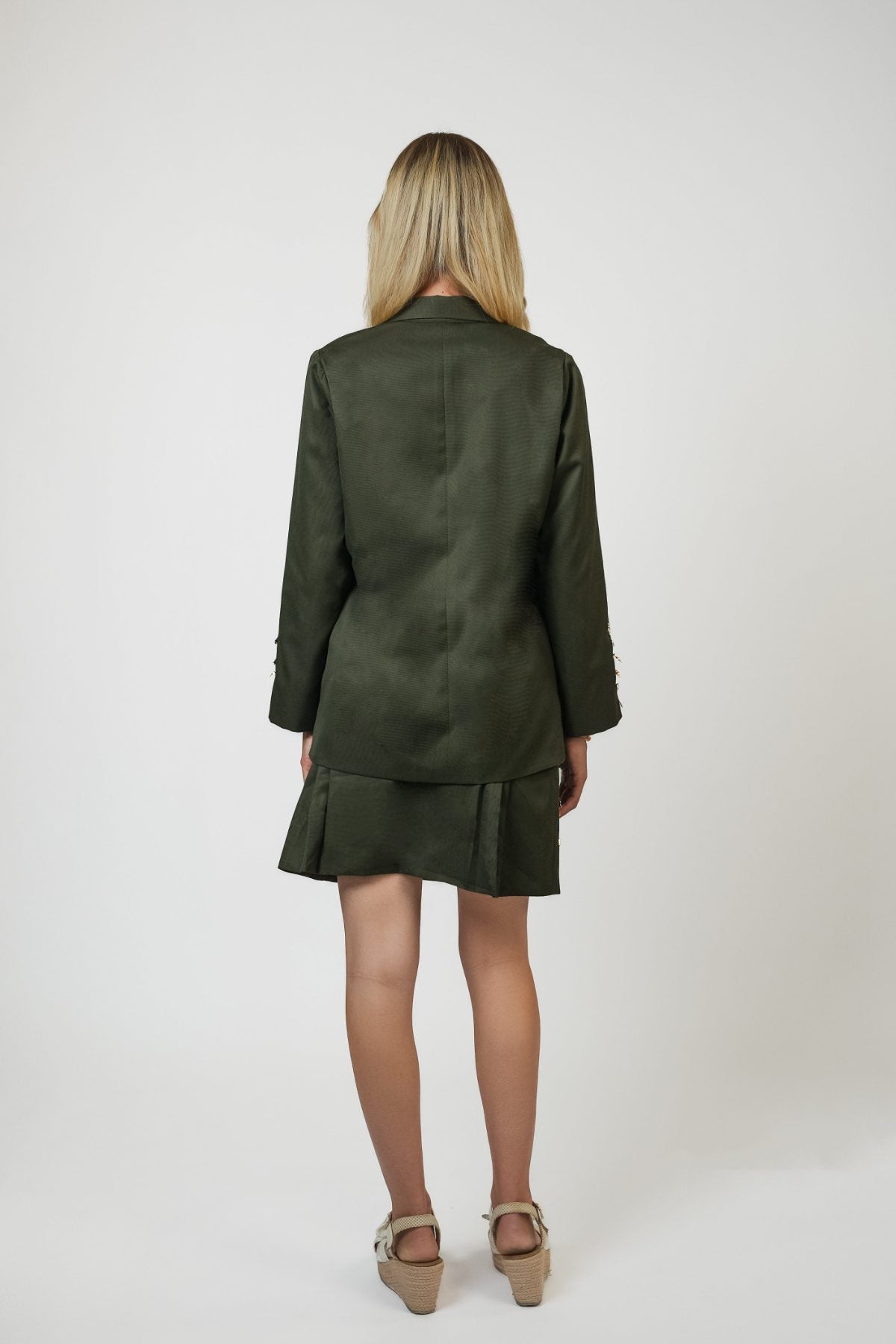Olivia Full Sleeve Co-Ord Set, olive green gabardine cotton double-breasted blazer and skort co-ord set with gold-toned buttons and hand-embellished golden charms – back view
