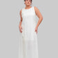 Pearl White Maxi Dress With Kimono Set, pearl white 100% pure linen maxi dress with handcrafted pearl embellishment, sleeveless neckline and back-button closure – styled on model