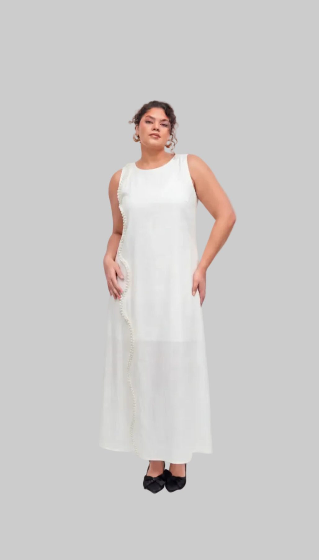 Pearl White Maxi Dress With Kimono Set, pearl white 100% pure linen maxi dress with handcrafted pearl embellishment, sleeveless neckline and back-button closure – styled on model
