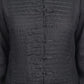 Inori Black Linen Top, black 100% linen mandarin collar blouse with frog-button knots, bell sleeves and adjustable corset-style lace-up back – flat lay detail