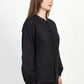 Inori Black Linen Top, black 100% linen mandarin collar blouse with frog-button knots, bell sleeves and adjustable corset-style lace-up back – front view