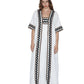 Coral White Kimono and Dress Set, white cotton tiered maxi dress and shrug set with black and brown zigzag rickrack trim, square neckline – main image