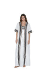 Coral White Kimono and Dress Set, white cotton tiered maxi dress and shrug set with black and brown zigzag rickrack trim, square neckline – main image