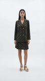 Olivia Full Sleeve Co-Ord Set, olive green gabardine cotton double-breasted blazer and skort co-ord set with gold-toned buttons and hand-embellished golden charms – main image
