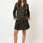 Olivia Full Sleeve Co-Ord Set, olive green gabardine cotton double-breasted blazer and skort co-ord set with gold-toned buttons and hand-embellished golden charms – close-up detail