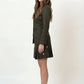 Olivia Full Sleeve Co-Ord Set, olive green gabardine cotton double-breasted blazer and skort co-ord set with gold-toned buttons and hand-embellished golden charms – side view