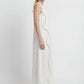 Pearl White Maxi Dress With Kimono Set, pearl white 100% pure linen maxi dress with handcrafted pearl embellishment, sleeveless neckline and back-button closure – side view