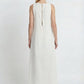 Pearl White Maxi Dress With Kimono Set, pearl white 100% pure linen maxi dress with handcrafted pearl embellishment, sleeveless neckline and back-button closure – close-up detail