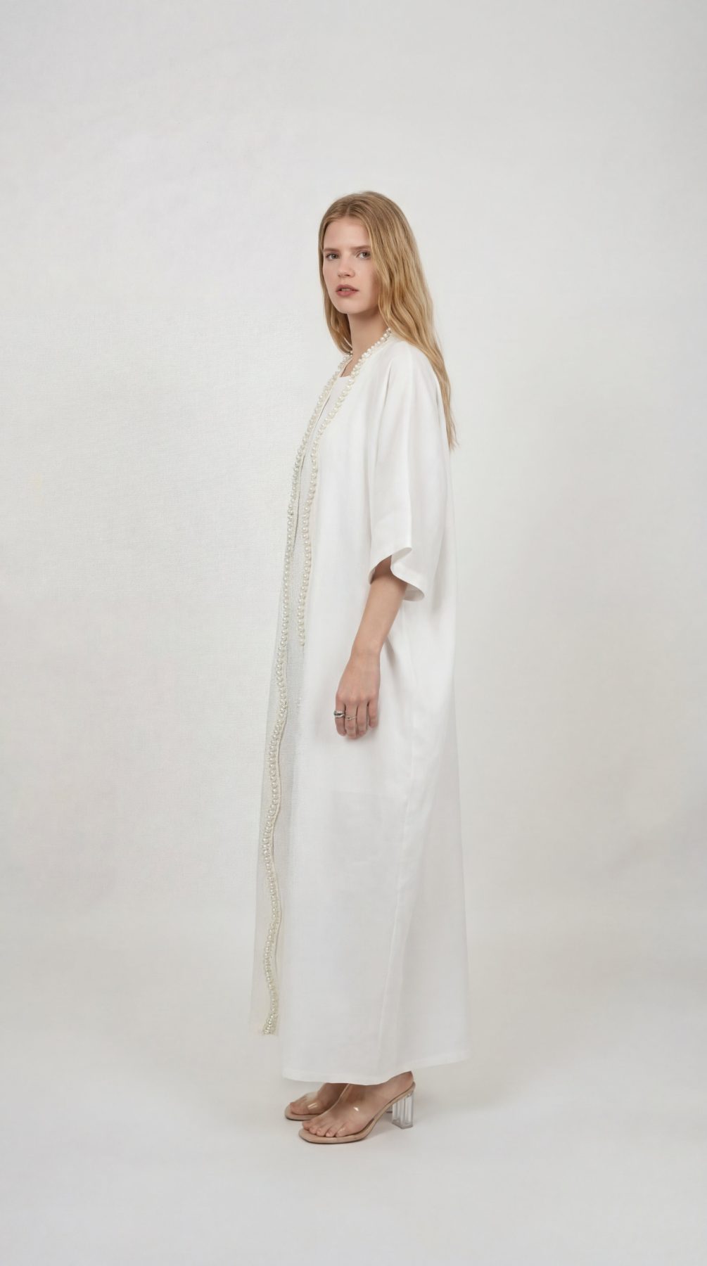 Pearl White Maxi Dress With Kimono Set, pearl white 100% pure linen maxi dress with handcrafted pearl embellishment, sleeveless neckline and back-button closure – front view