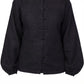 Inori Black Linen Top, black 100% linen mandarin collar blouse with frog-button knots, bell sleeves and adjustable corset-style lace-up back – close-up detail