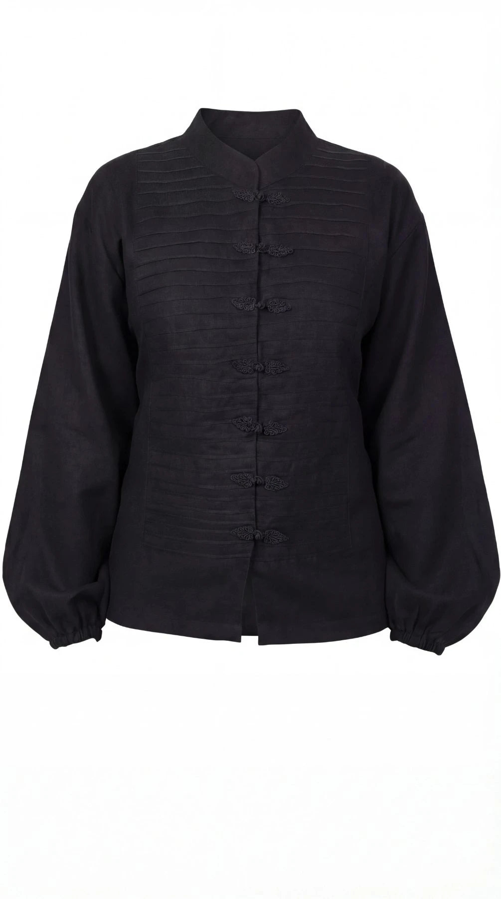Inori Black Linen Top, black 100% linen mandarin collar blouse with frog-button knots, bell sleeves and adjustable corset-style lace-up back – close-up detail