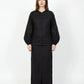 Inori Black Linen Top, black 100% linen mandarin collar blouse with frog-button knots, bell sleeves and adjustable corset-style lace-up back – side view