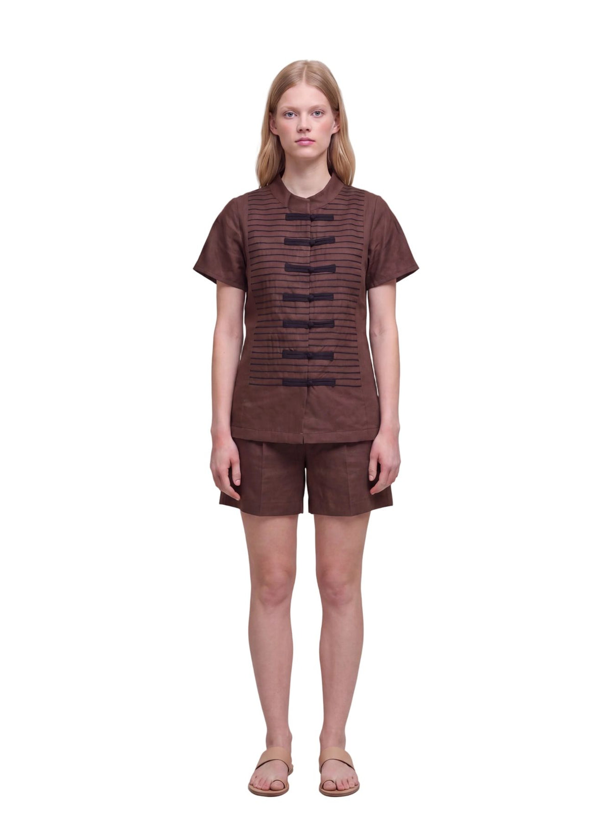 Inori Short Sleeve Top, premium 100% linen mandarin collar short-sleeve blouse with frog-button closures and adjustable lace-up back – main image
