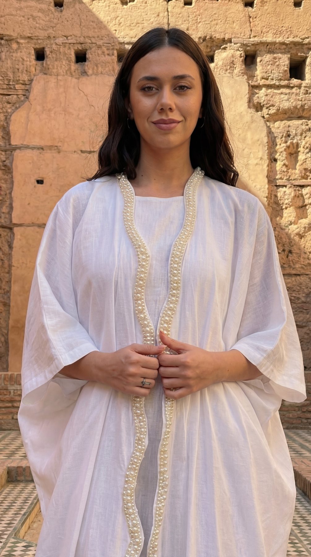Pearl White Maxi Dress With Kimono Set, pearl white 100% pure linen maxi dress with handcrafted pearl embellishment, sleeveless neckline and back-button closure – back view