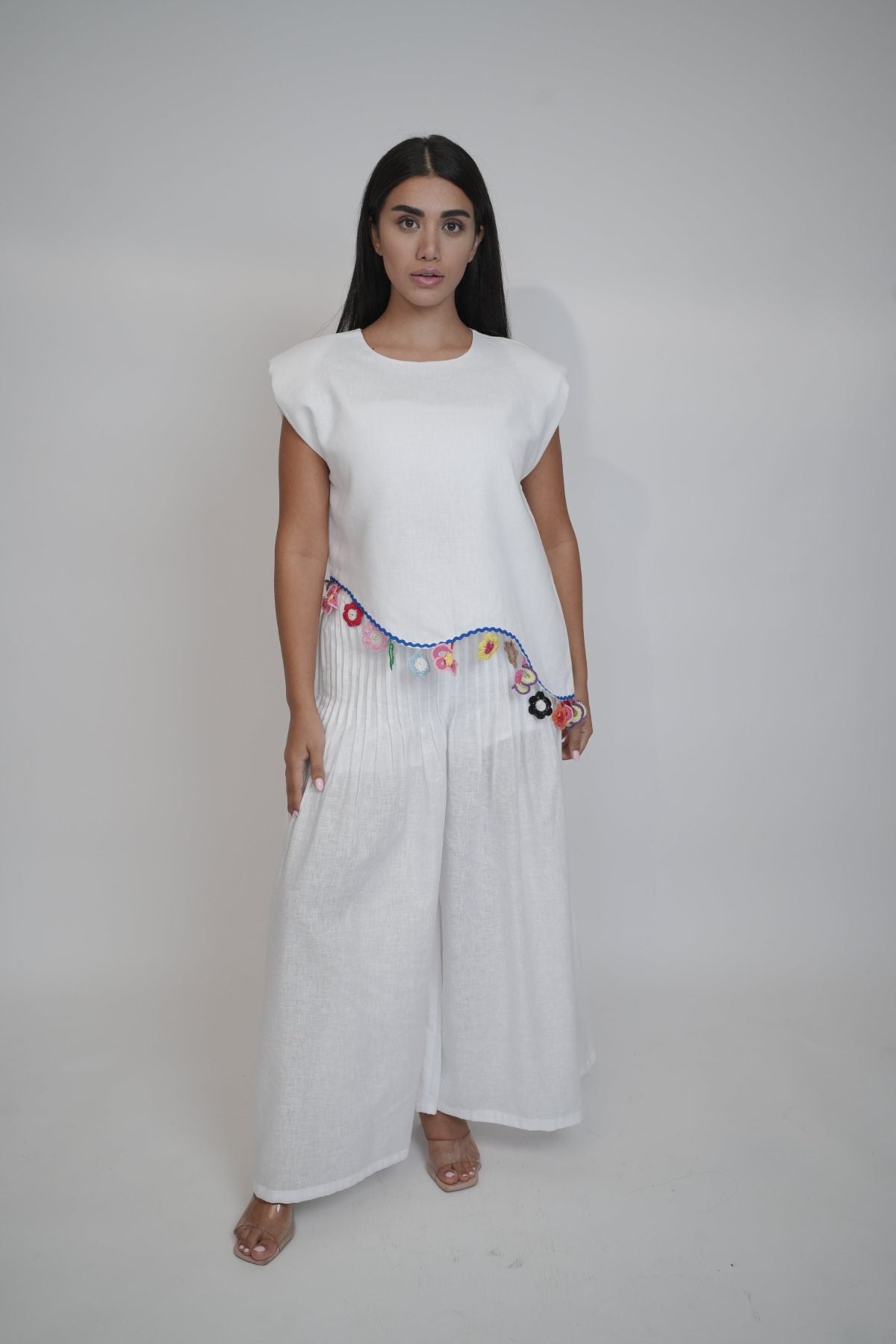 Margot White Linen Trouser, white high-waisted wide-leg pure linen trouser with pintex pleated drape, lined – front view