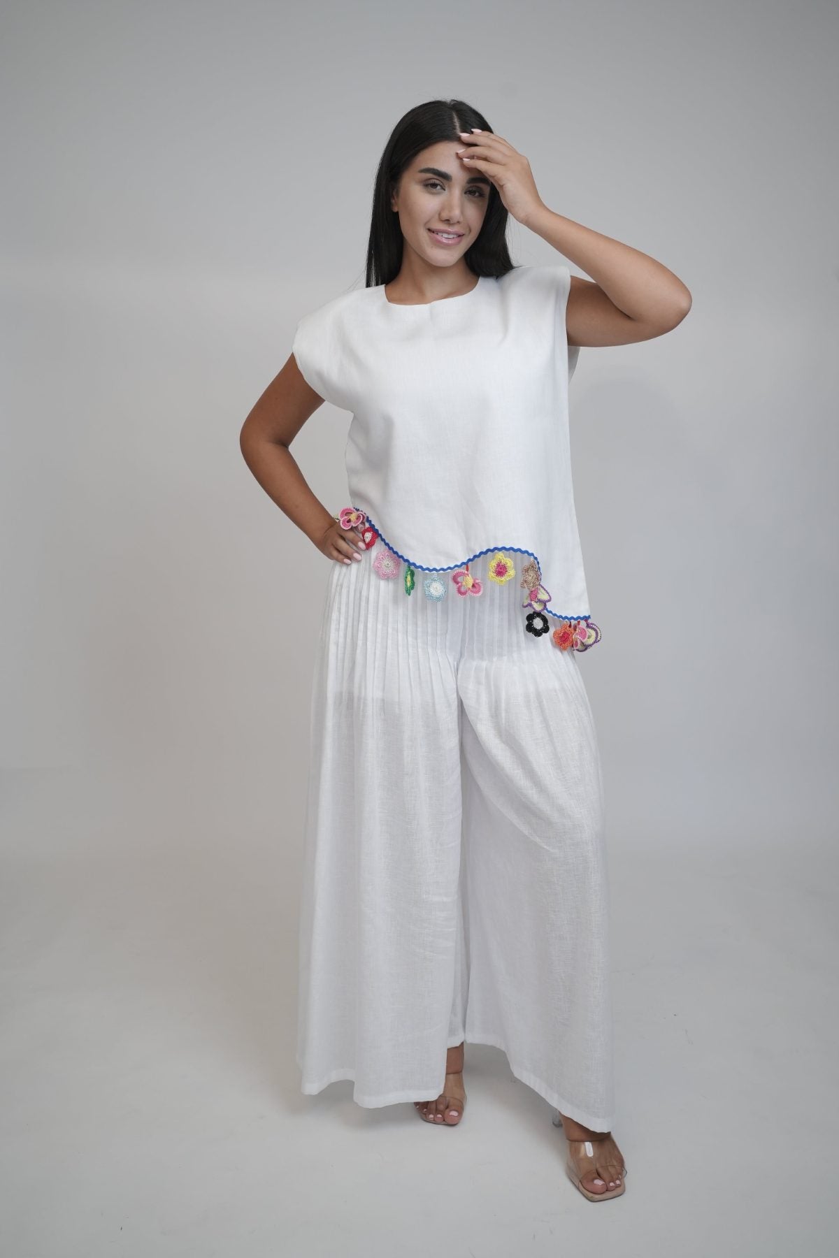 Margot White Linen Trouser, white high-waisted wide-leg pure linen trouser with pintex pleated drape, lined – close-up detail