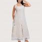 Ibiza Beige Dress, beige sleeveless 100% pure linen maxi dress with sweetheart neckline, fitted bodice and embroidered lace panel work – alternate angle