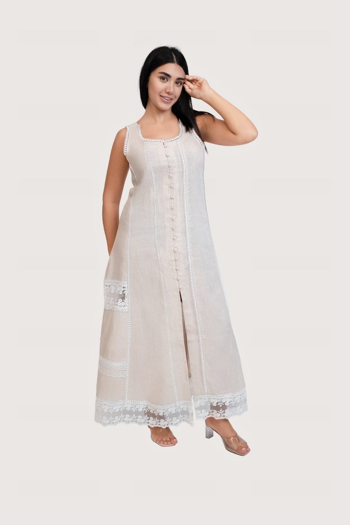 Ibiza Beige Dress, beige sleeveless 100% pure linen maxi dress with sweetheart neckline, fitted bodice and embroidered lace panel work – alternate angle