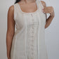 Ibiza Beige Dress, beige sleeveless 100% pure linen maxi dress with sweetheart neckline, fitted bodice and embroidered lace panel work – back view