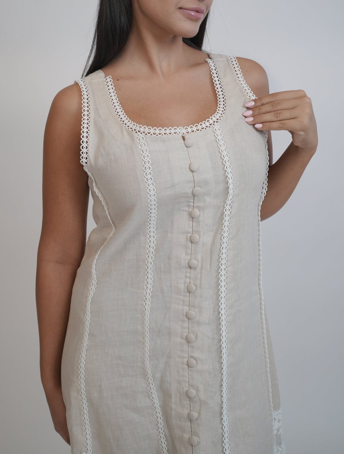 Ibiza Beige Dress, beige sleeveless 100% pure linen maxi dress with sweetheart neckline, fitted bodice and embroidered lace panel work – back view