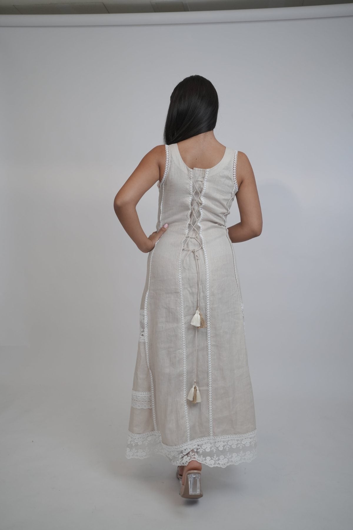 Ibiza Beige Dress, beige sleeveless 100% pure linen maxi dress with sweetheart neckline, fitted bodice and embroidered lace panel work – side view
