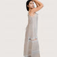 Ibiza Beige Dress, beige sleeveless 100% pure linen maxi dress with sweetheart neckline, fitted bodice and embroidered lace panel work – flat lay detail