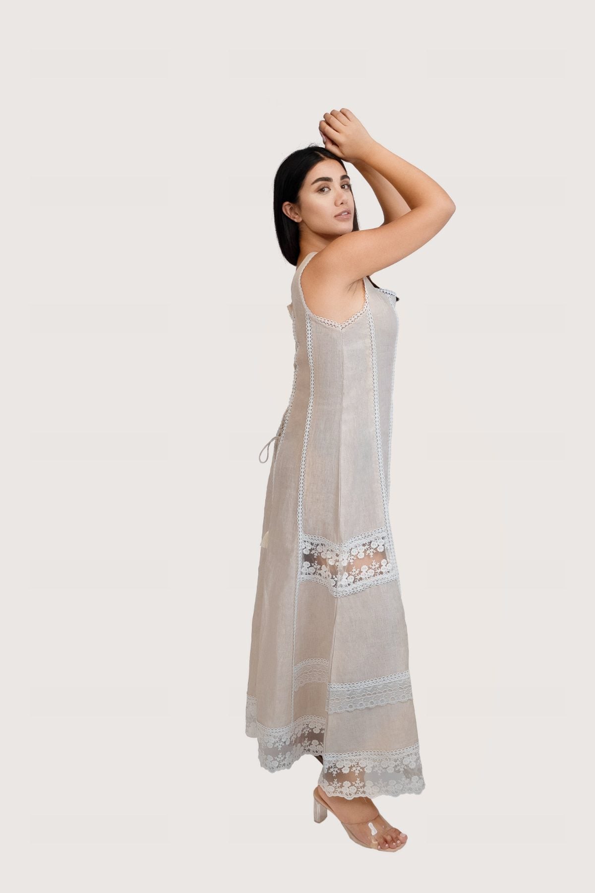 Ibiza Beige Dress, beige sleeveless 100% pure linen maxi dress with sweetheart neckline, fitted bodice and embroidered lace panel work – flat lay detail