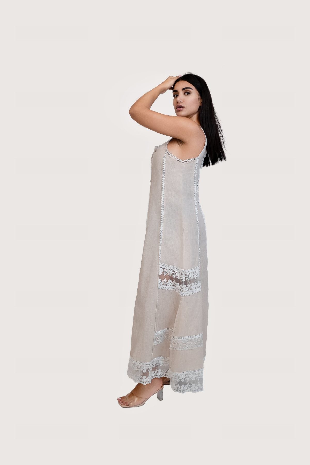 Ibiza Beige Dress, beige sleeveless 100% pure linen maxi dress with sweetheart neckline, fitted bodice and embroidered lace panel work – front view