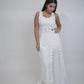 Margot White Linen Co-ord Set, white pure linen co-ord set with sleeveless elongated tunic top, floral embroidery and wide-leg trousers – styled on model