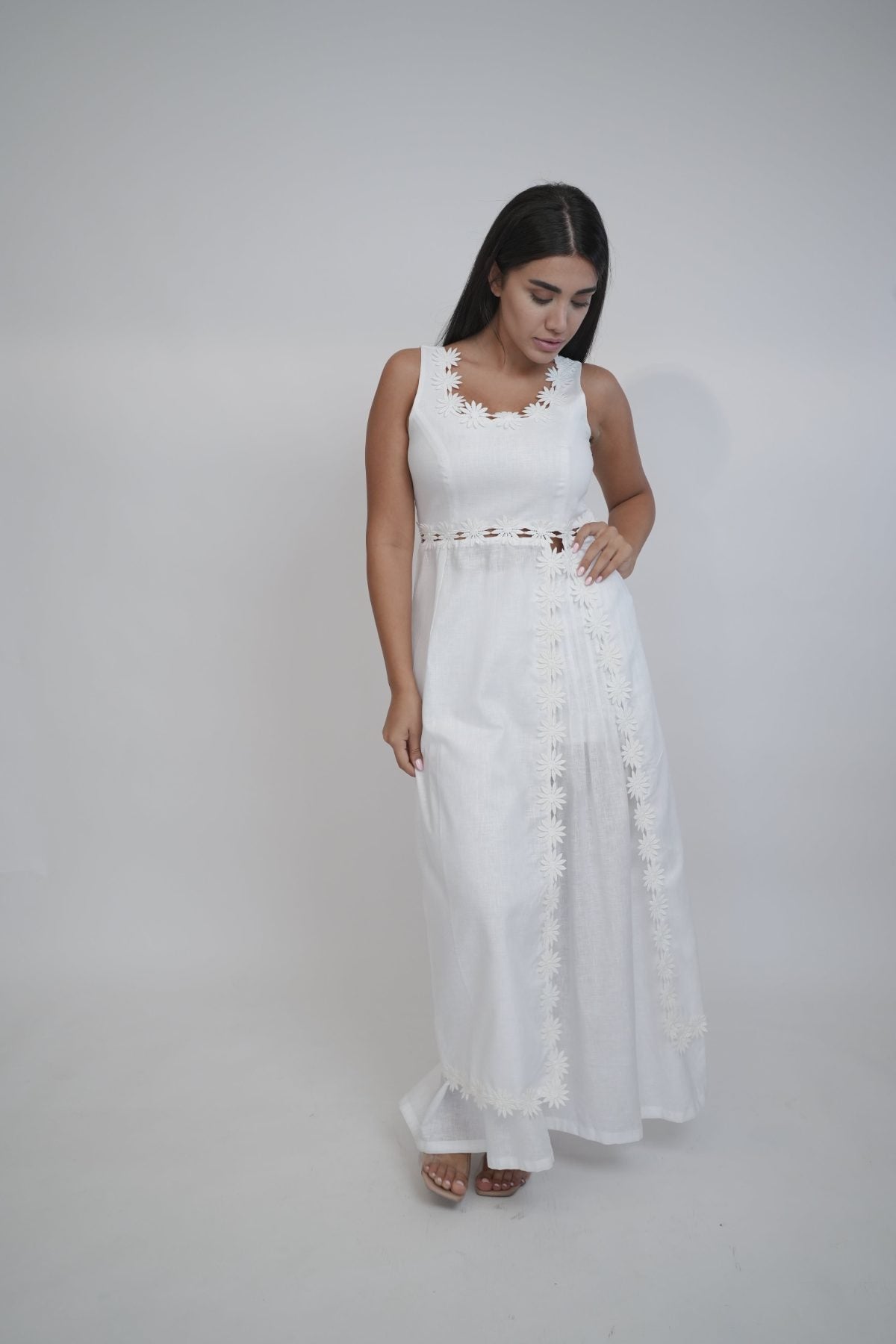 Margot White Linen Co-ord Set, white pure linen co-ord set with sleeveless elongated tunic top, floral embroidery and wide-leg trousers – styled on model