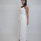 Margot White Linen Co-ord Set, white pure linen co-ord set with sleeveless elongated tunic top, floral embroidery and wide-leg trousers – close-up detail