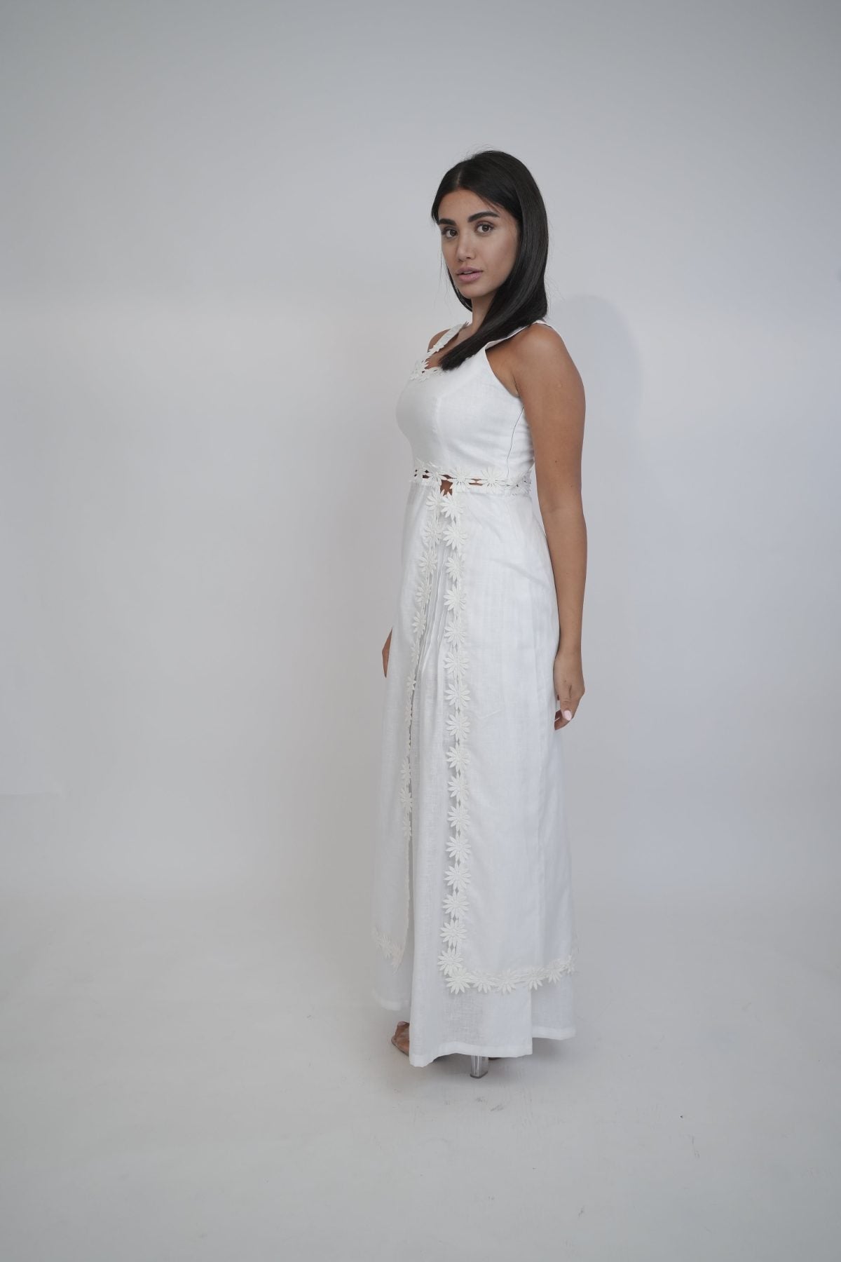Margot White Linen Co-ord Set, white pure linen co-ord set with sleeveless elongated tunic top, floral embroidery and wide-leg trousers – close-up detail