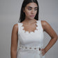 Margot White Linen Co-ord Set, white pure linen co-ord set with sleeveless elongated tunic top, floral embroidery and wide-leg trousers – alternate angle