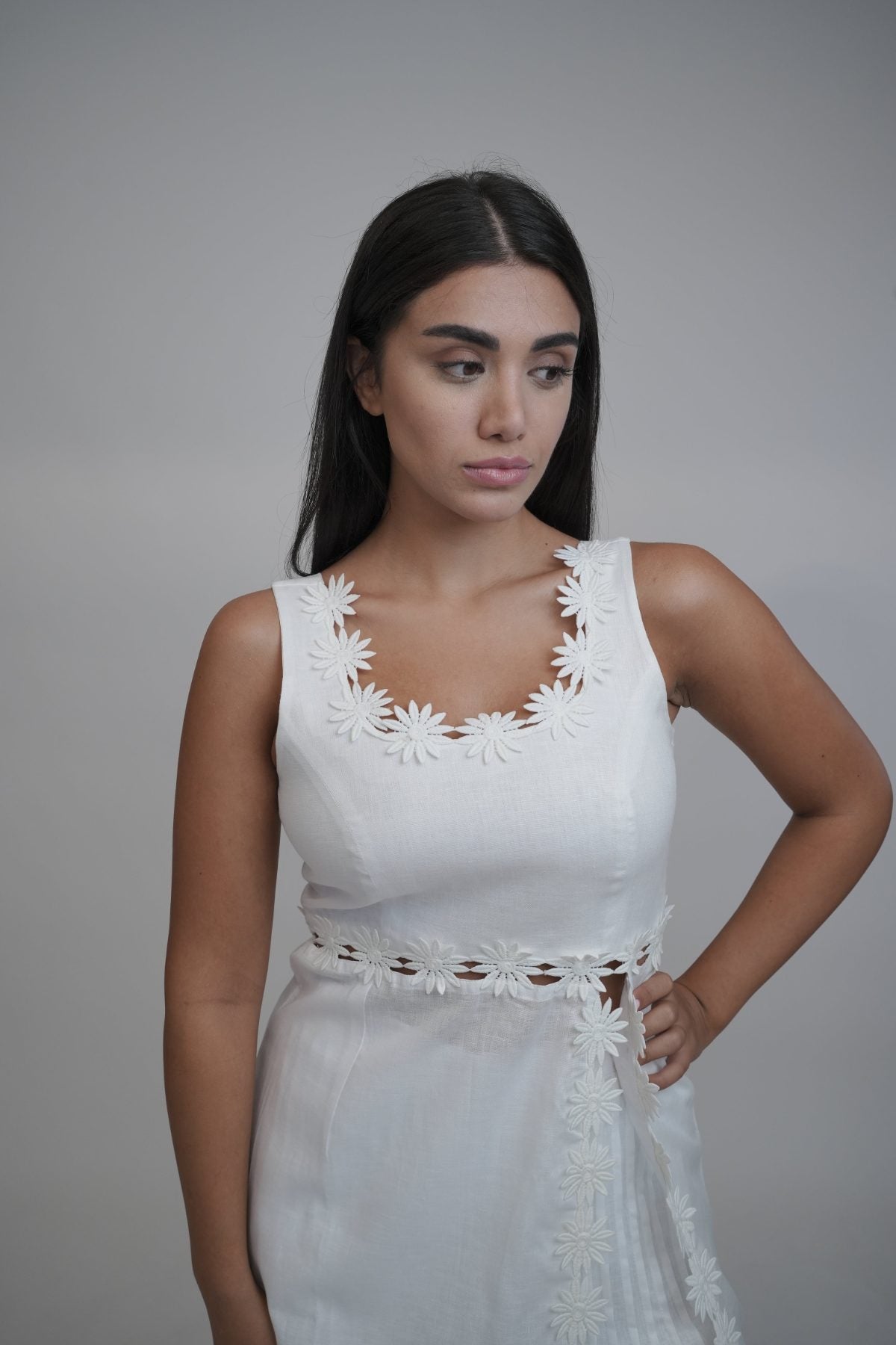 Margot White Linen Co-ord Set, white pure linen co-ord set with sleeveless elongated tunic top, floral embroidery and wide-leg trousers – alternate angle