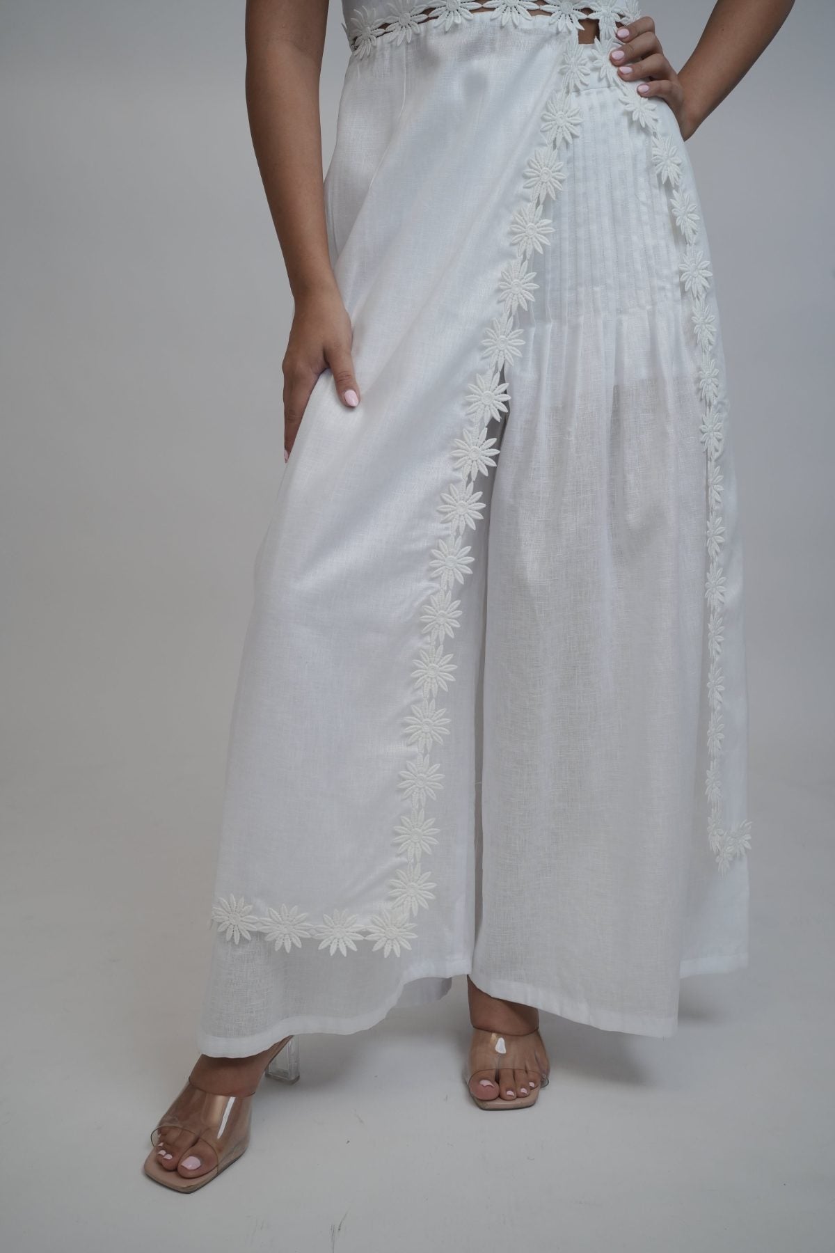 Margot White Linen Co-ord Set, white pure linen co-ord set with sleeveless elongated tunic top, floral embroidery and wide-leg trousers – front view