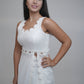 Margot White Linen Co-ord Set, white pure linen co-ord set with sleeveless elongated tunic top, floral embroidery and wide-leg trousers – back view