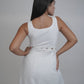 Margot White Linen Co-ord Set, white pure linen co-ord set with sleeveless elongated tunic top, floral embroidery and wide-leg trousers – front view
