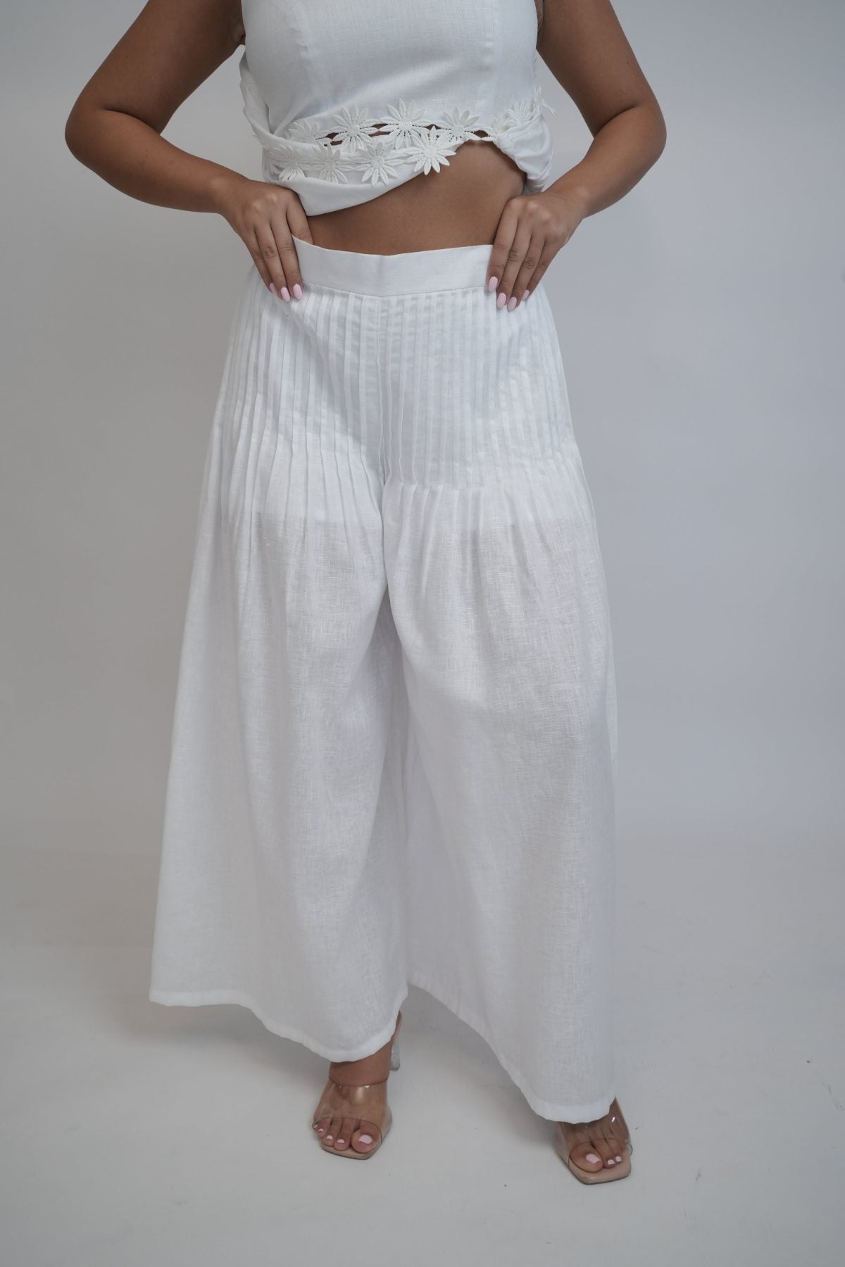 Margot White Linen Trouser, white high-waisted wide-leg pure linen trouser with pintex pleated drape, lined – back view