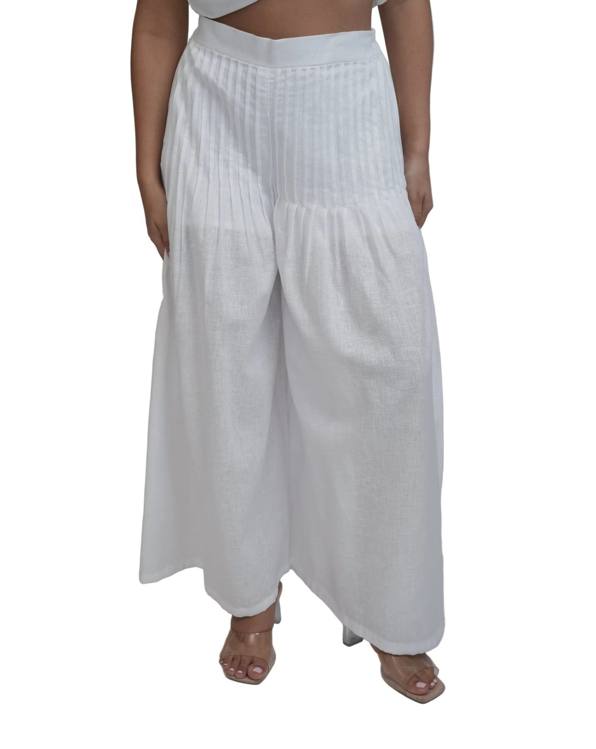 Margot White Linen Trouser, white high-waisted wide-leg pure linen trouser with pintex pleated drape, lined – back view
