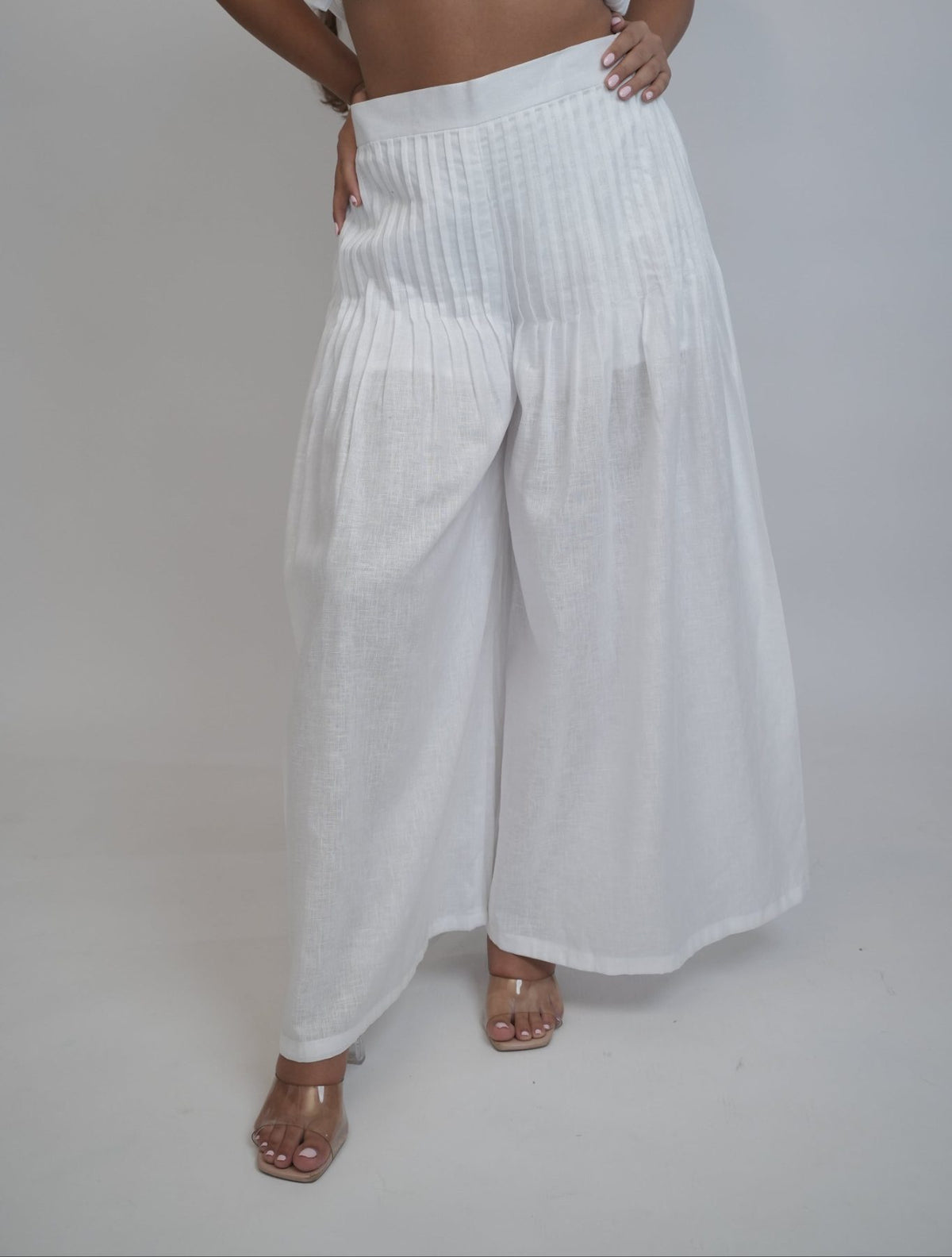 Margot White Linen Trouser, white high-waisted wide-leg pure linen trouser with pintex pleated drape, lined – alternate angle