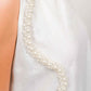 Pearl White Maxi Dress With Kimono Set, pearl white 100% pure linen maxi dress with handcrafted pearl embellishment, sleeveless neckline and back-button closure – close-up detail