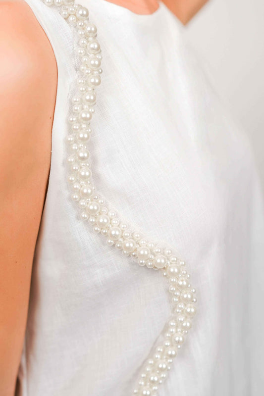 Pearl White Maxi Dress With Kimono Set, pearl white 100% pure linen maxi dress with handcrafted pearl embellishment, sleeveless neckline and back-button closure – close-up detail