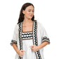 Coral White Kimono and Dress Set, white cotton tiered maxi dress and shrug set with black and brown zigzag rickrack trim, square neckline – flat lay detail