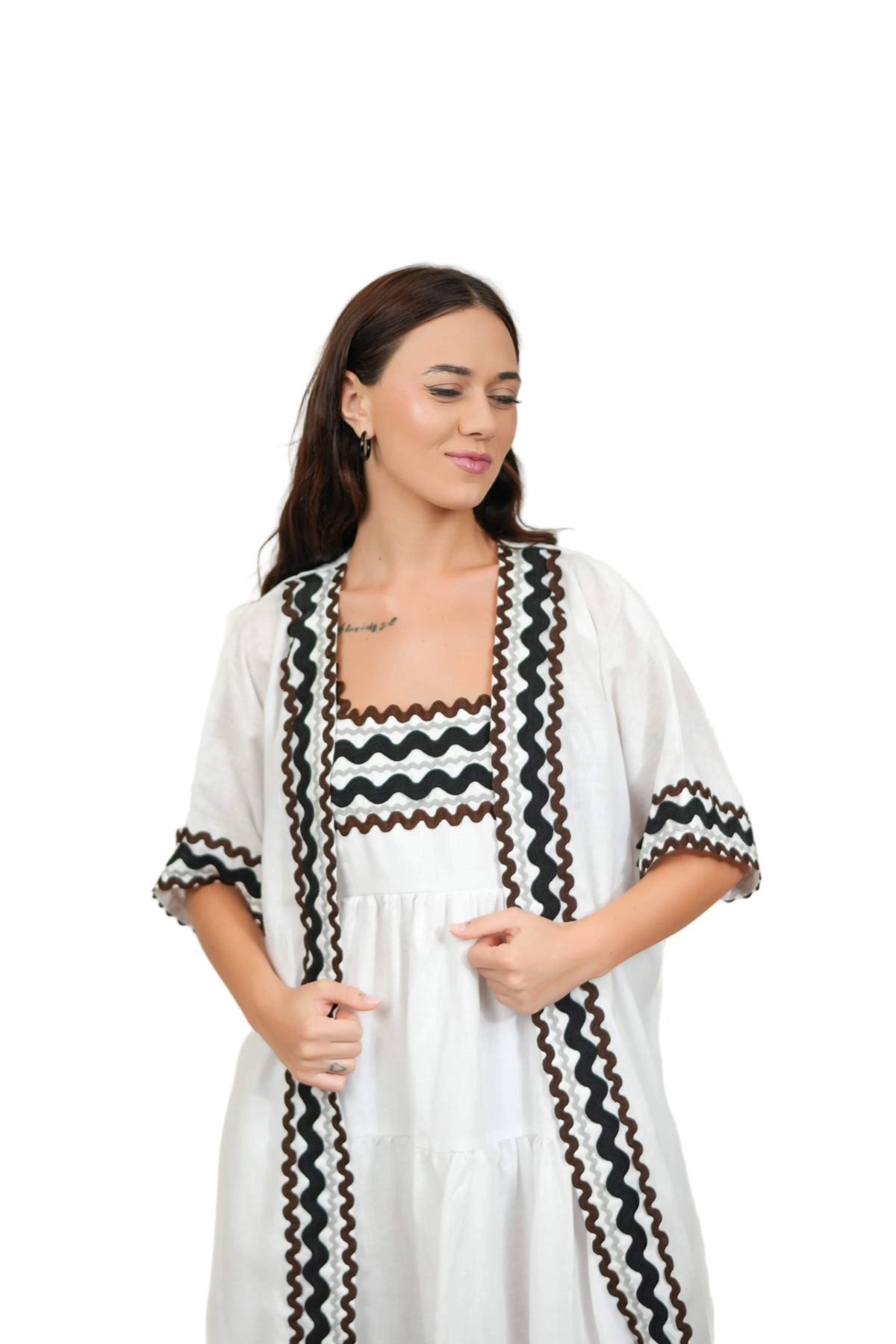 Coral White Kimono and Dress Set, white cotton tiered maxi dress and shrug set with black and brown zigzag rickrack trim, square neckline – flat lay detail