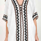 Coral White Kimono and Dress Set, white cotton tiered maxi dress and shrug set with black and brown zigzag rickrack trim, square neckline – back view