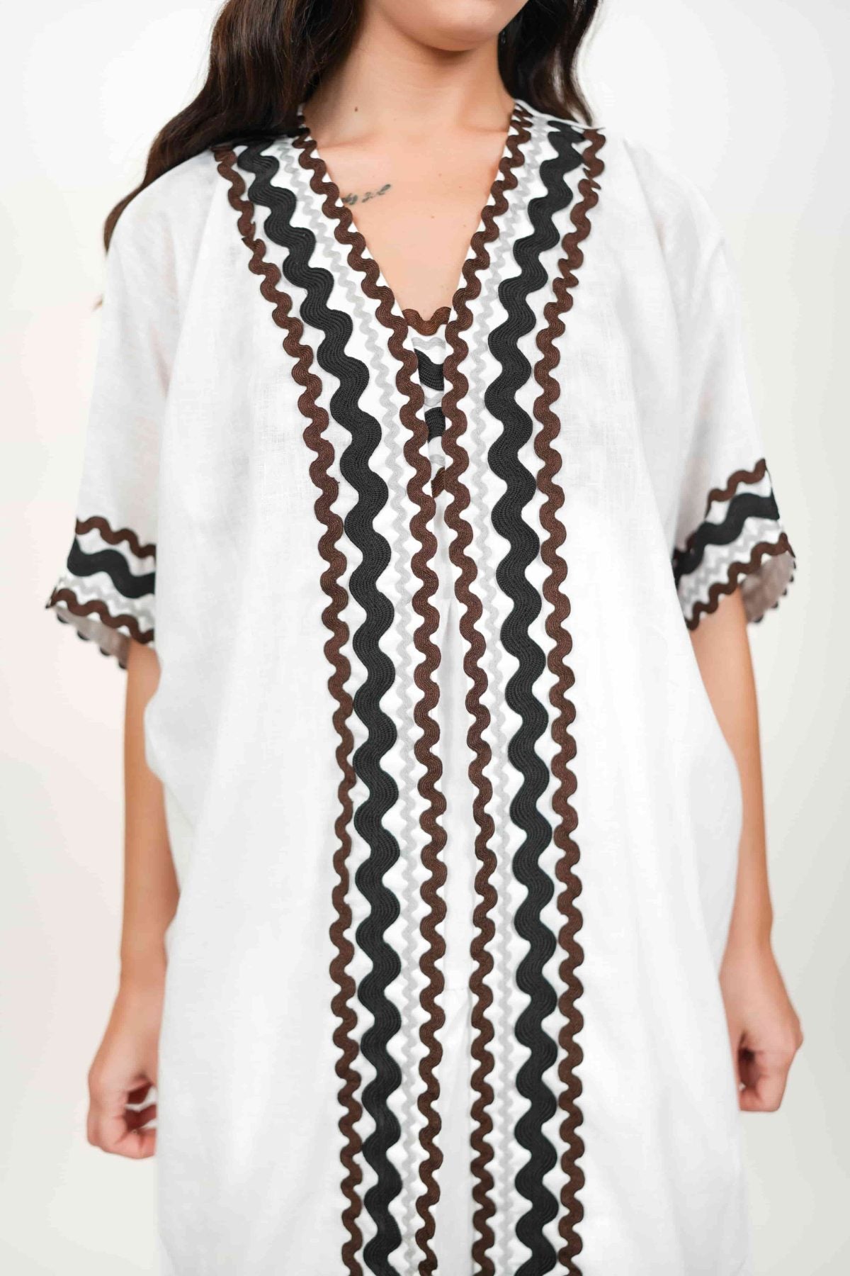 Coral White Kimono and Dress Set, white cotton tiered maxi dress and shrug set with black and brown zigzag rickrack trim, square neckline – back view
