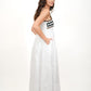 Coral White Kimono and Dress Set, white cotton tiered maxi dress and shrug set with black and brown zigzag rickrack trim, square neckline – side view