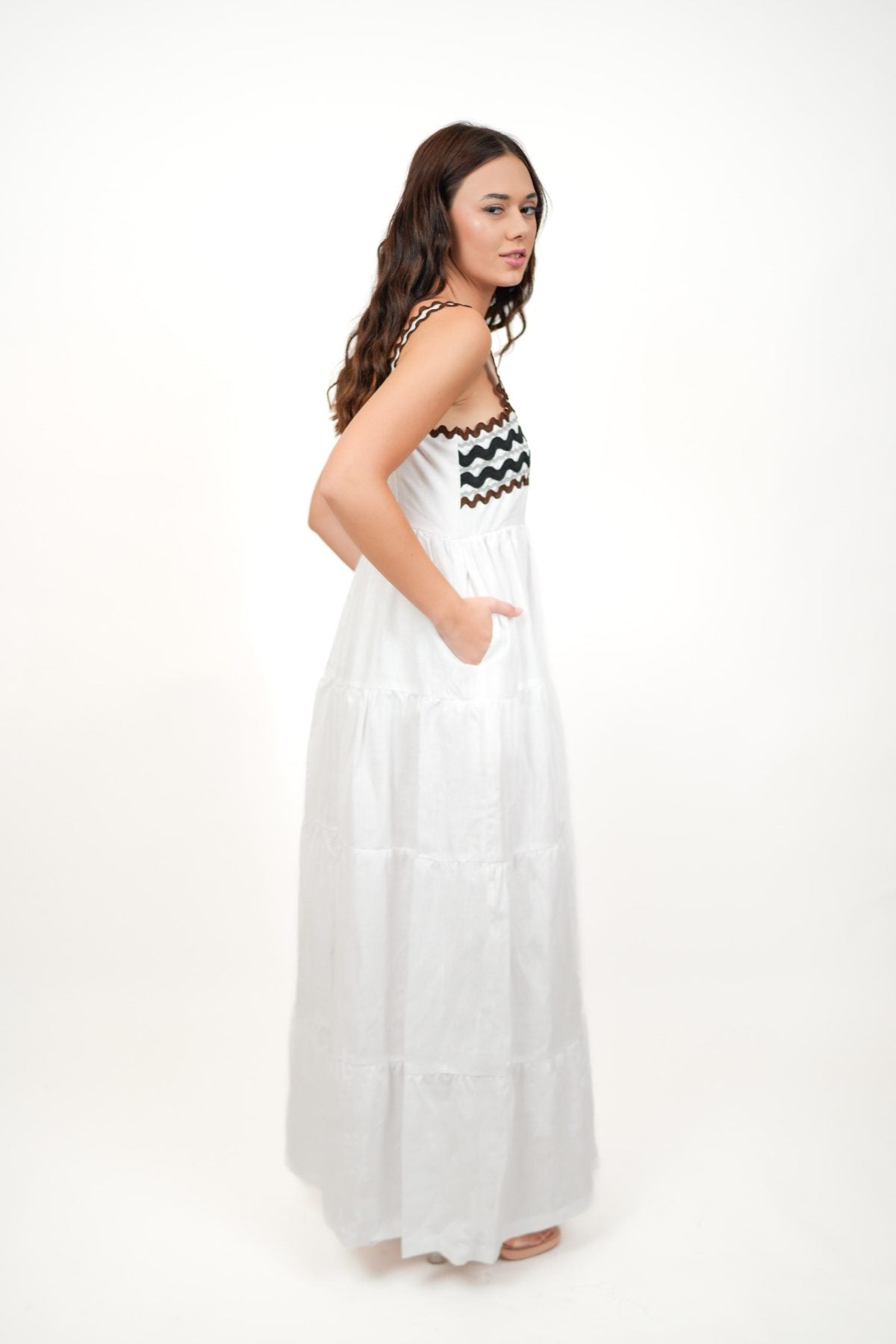 Coral White Kimono and Dress Set, white cotton tiered maxi dress and shrug set with black and brown zigzag rickrack trim, square neckline – side view
