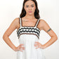 Coral White Kimono and Dress Set, white cotton tiered maxi dress and shrug set with black and brown zigzag rickrack trim, square neckline – close-up detail